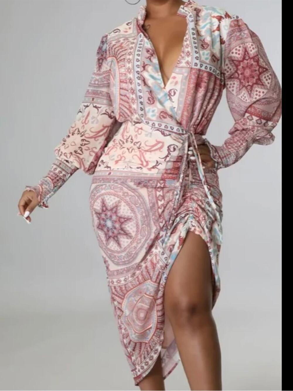 Paisley Medallion Ruched Drawstring Midi Dress NWT Boho Resort S mobwife